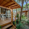 Chalet in legno con veranda immerso nel bosco.