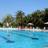 Piscina rettangolare tra palme con persone che nuotano.